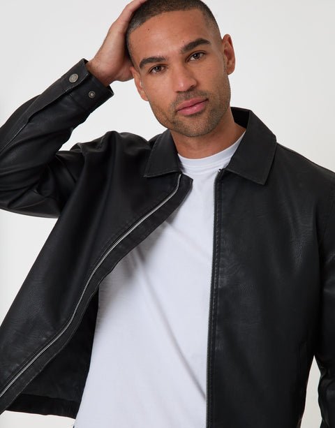 Threadbare Faux Leather Zip Up Collared Jacket in Black - front close