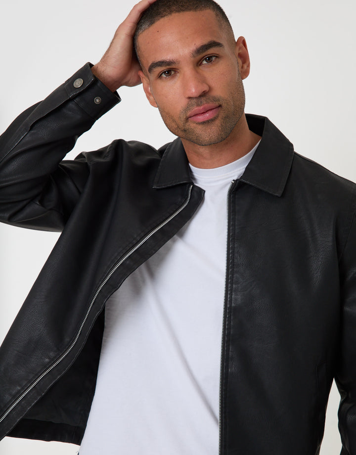 Threadbare Faux Leather Zip Up Collared Jacket in Black - front close