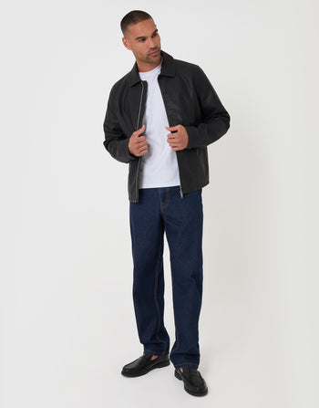 Threadbare Faux Leather Zip Up Collared Jacket in Black - full body