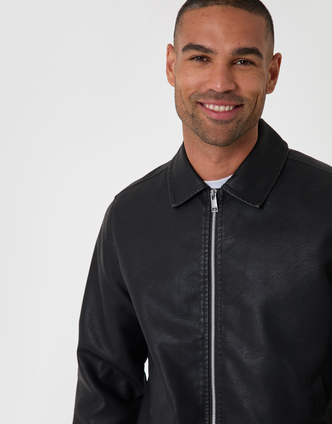 Threadbare Faux Leather Zip Up Collared Jacket in Black - detail