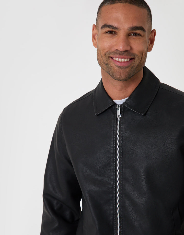 Threadbare Faux Leather Zip Up Collared Jacket in Black - detail