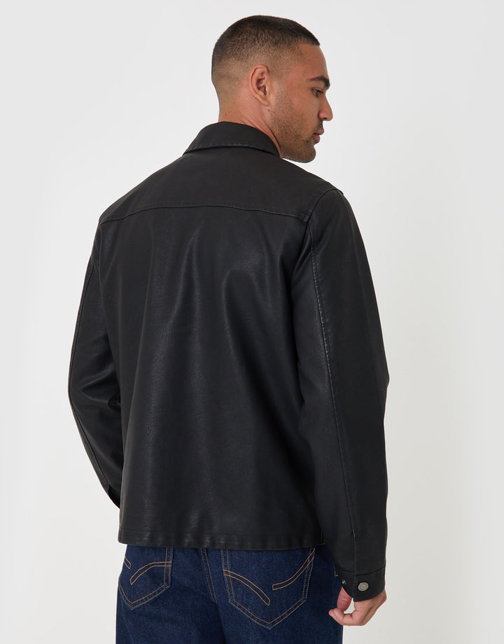 Threadbare Faux Leather Zip Up Collared Jacket in Black - back view
