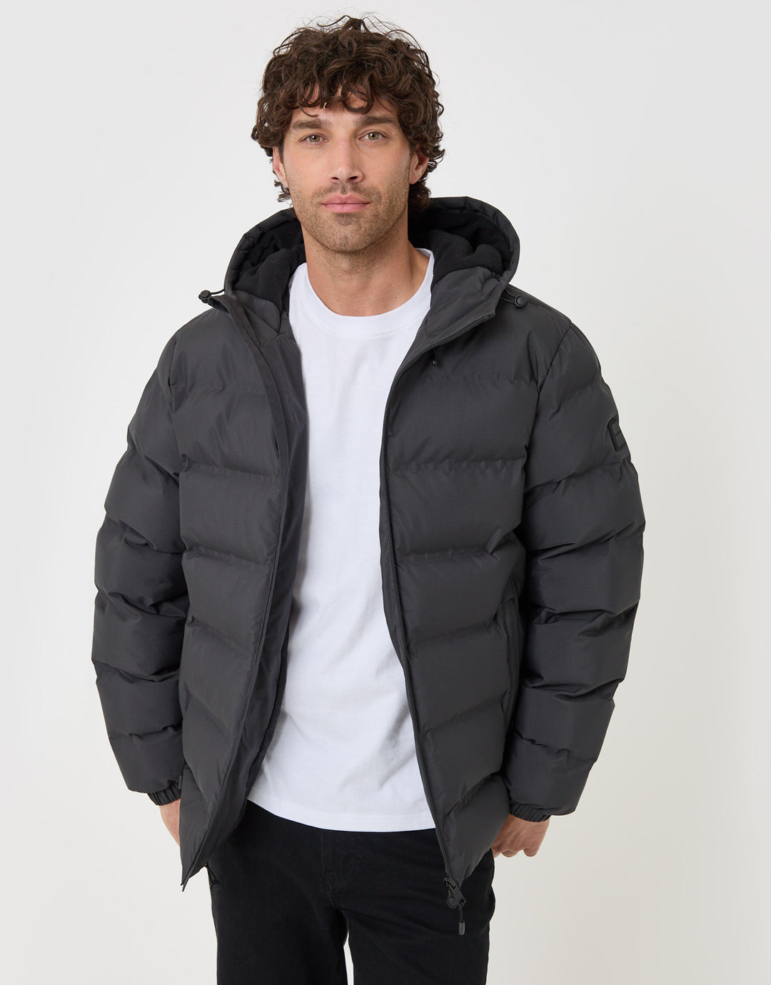 Threadbare Wadded Hooded Jacket in Slate Grey - front view unzipped