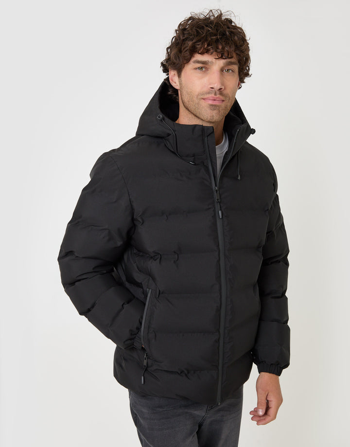 Threadbare Wadded Hooded Jacket in Black - front view