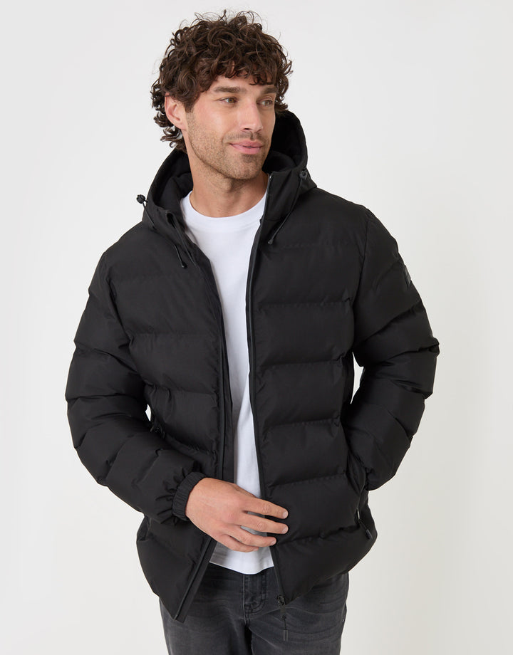 Threadbare Wadded Hooded Jacket in Black - front open