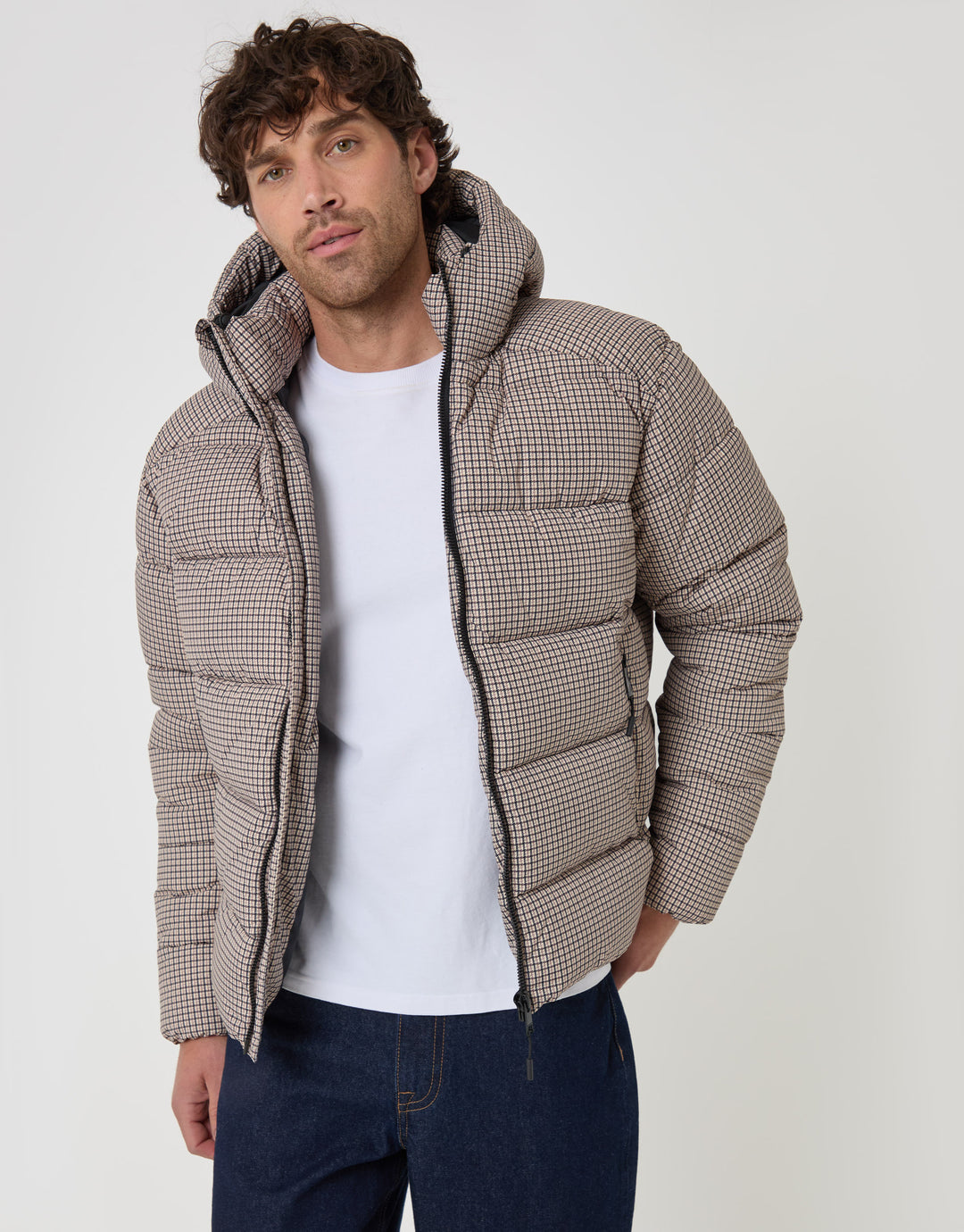 Threadbare Showerproof Hooded Puffer Coat in Brown Check - front view