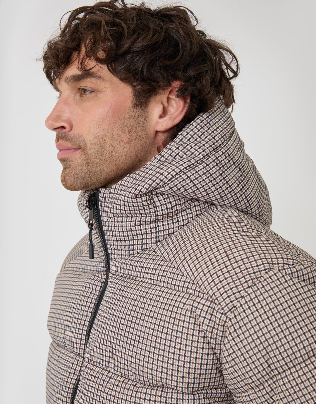 Threadbare Showerproof Hooded Puffer Coat in Brown Check - side view