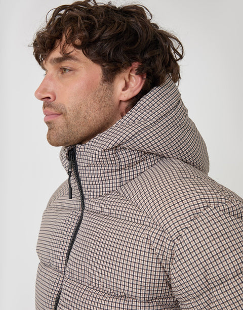 Threadbare Showerproof Hooded Puffer Coat in Brown Check - side view