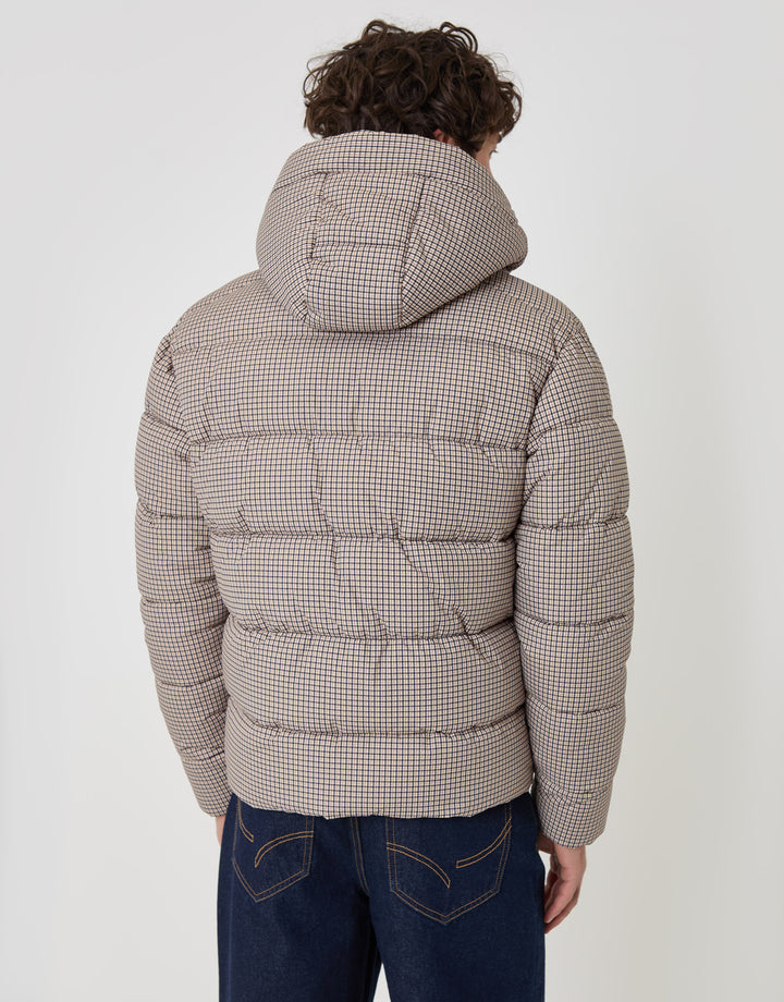 Threadbare Showerproof Hooded Puffer Coat in Brown Check - back view