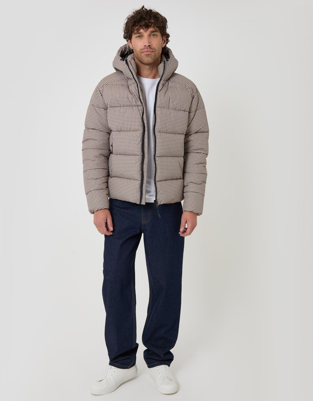 Threadbare Showerproof Hooded Puffer Coat in Brown Check - full body