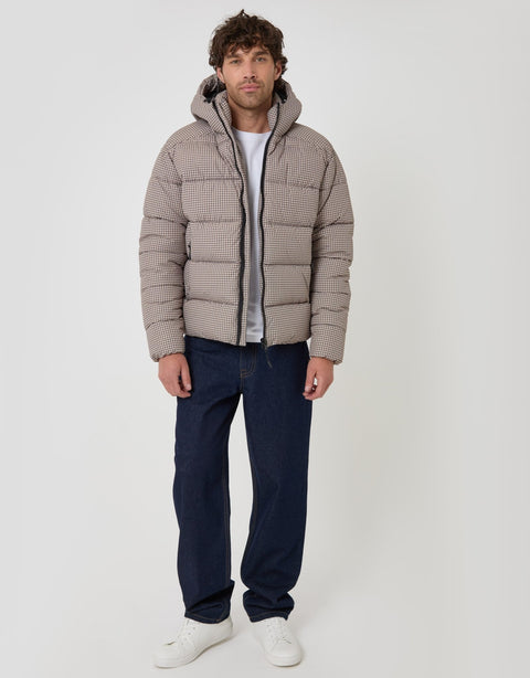 Threadbare Showerproof Hooded Puffer Coat in Brown Check - full body