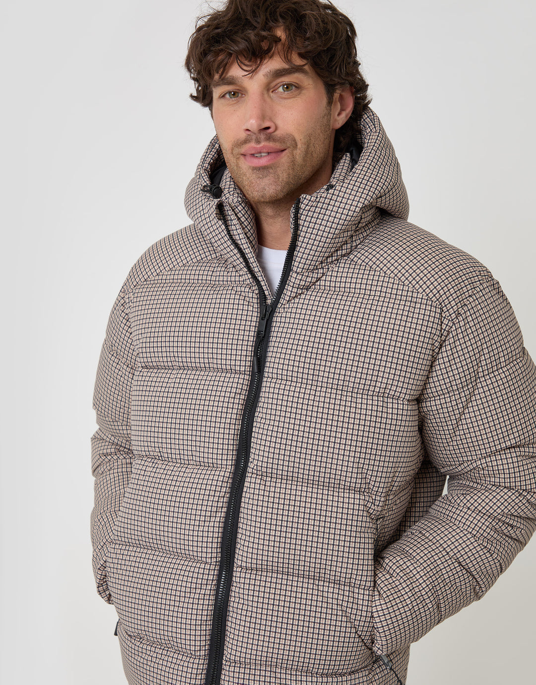 Threadbare Showerproof Hooded Puffer Coat in Brown Check - close up