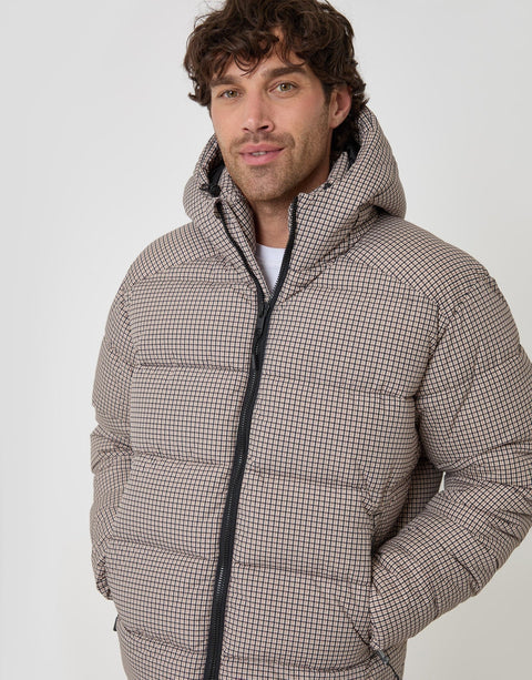 Threadbare Showerproof Hooded Puffer Coat in Brown Check - close up