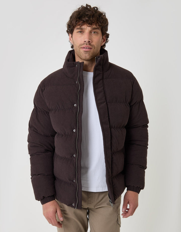 Corduroy Funnel Neck Puffer Coat in Chocolate Brown