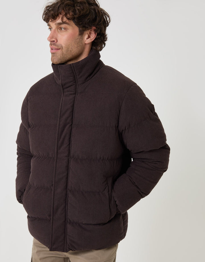 Corduroy Funnel Neck Puffer Coat in Chocolate Brown
