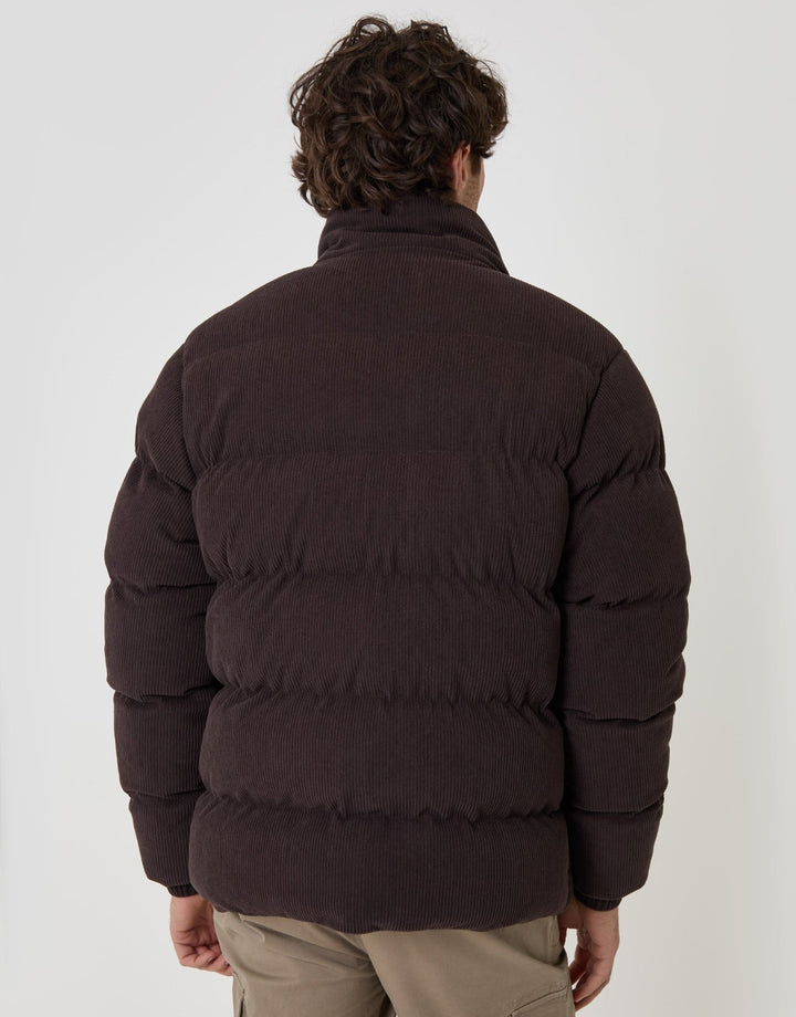 Corduroy Funnel Neck Puffer Coat in Chocolate Brown