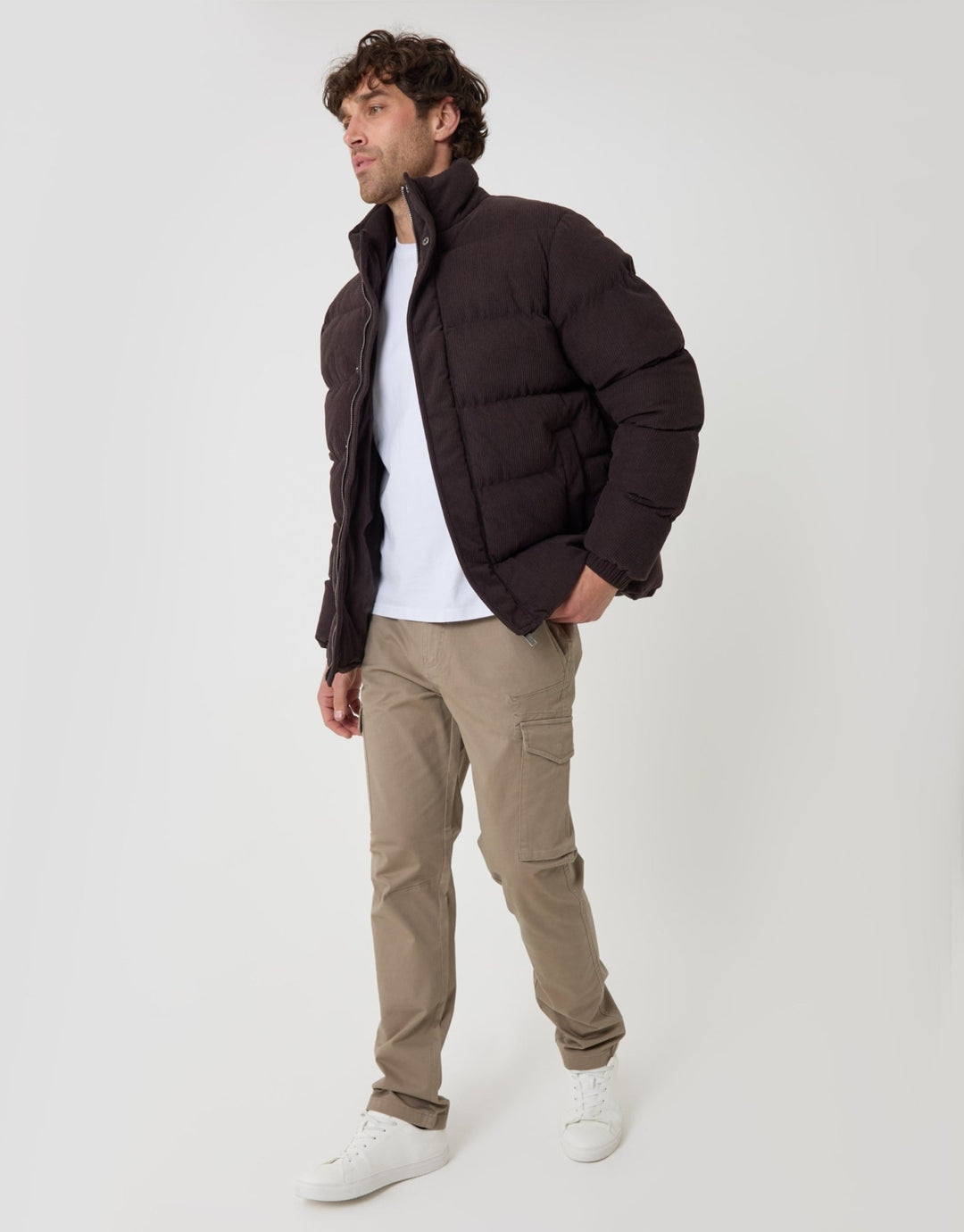 Corduroy Funnel Neck Puffer Coat in Chocolate Brown