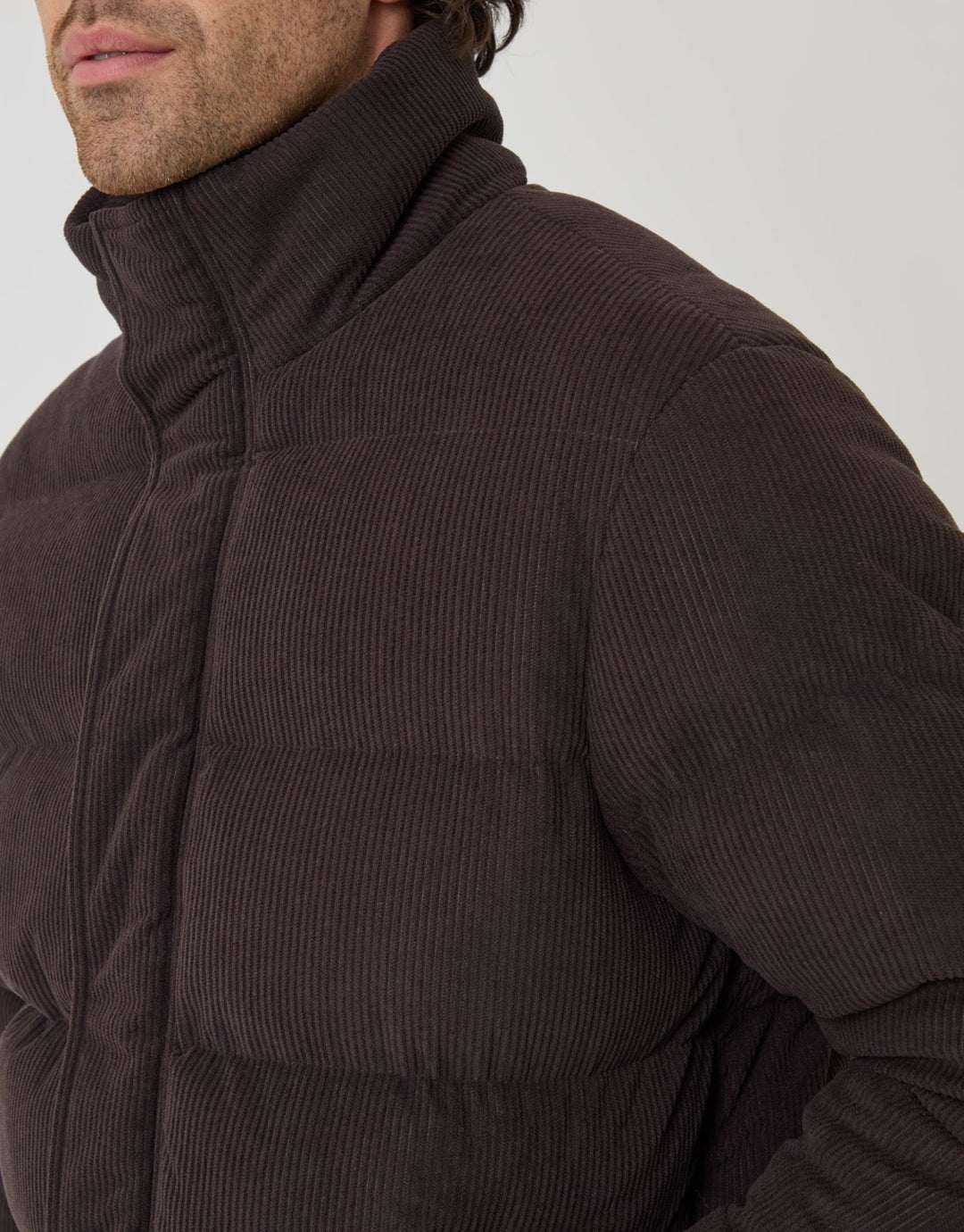 Corduroy Funnel Neck Puffer Coat in Chocolate Brown
