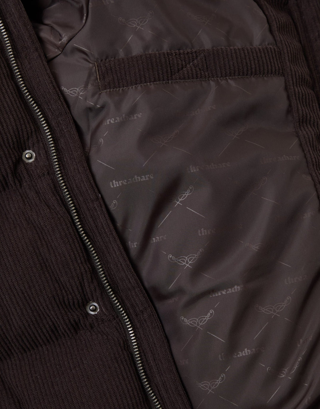 Corduroy Funnel Neck Puffer Coat in Chocolate Brown