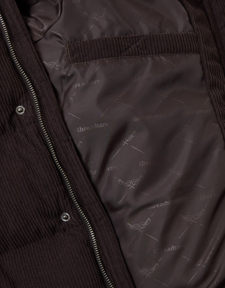 Corduroy Funnel Neck Puffer Coat in Chocolate Brown