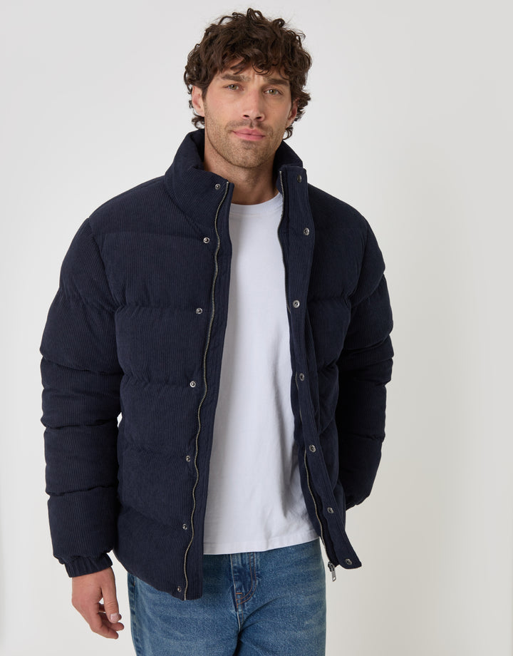 Corduroy Funnel Neck Puffer Coat in Navy