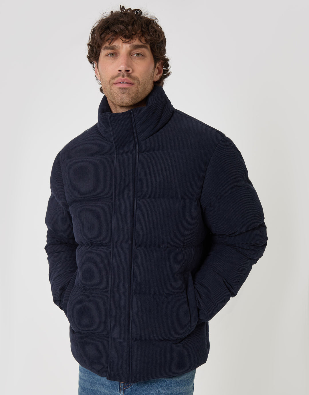 Corduroy Funnel Neck Puffer Coat in Navy
