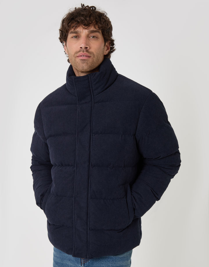 Corduroy Funnel Neck Puffer Coat in Navy