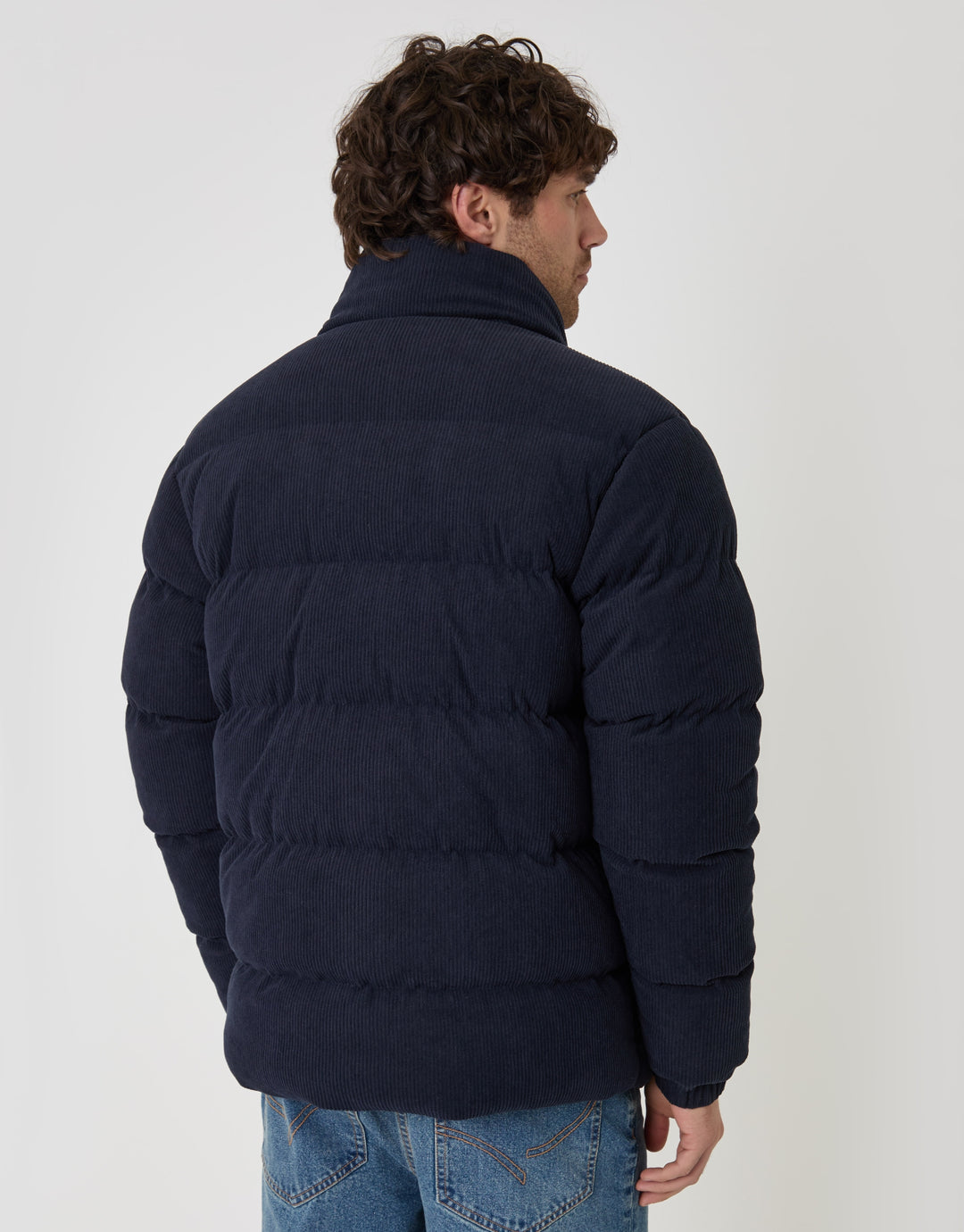 Corduroy Funnel Neck Puffer Coat in Navy