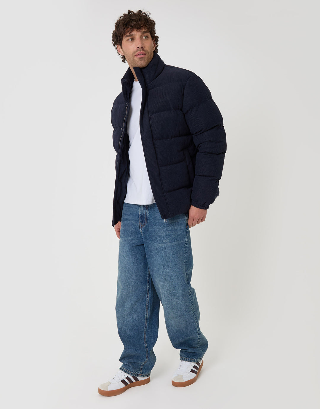 Corduroy Funnel Neck Puffer Coat in Navy