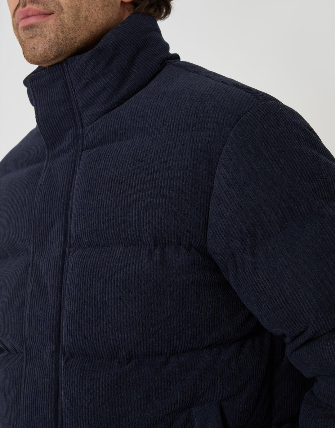 Corduroy Funnel Neck Puffer Coat in Navy