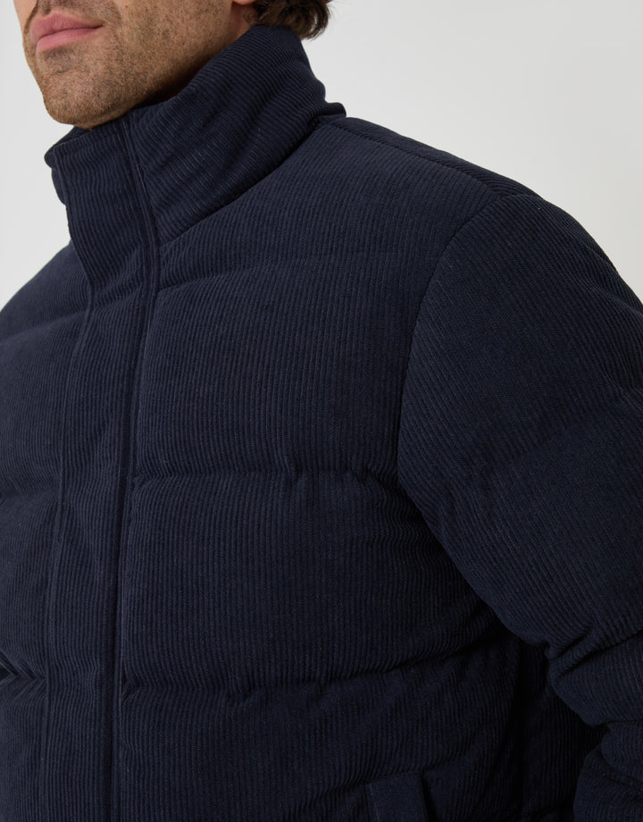 Corduroy Funnel Neck Puffer Coat in Navy