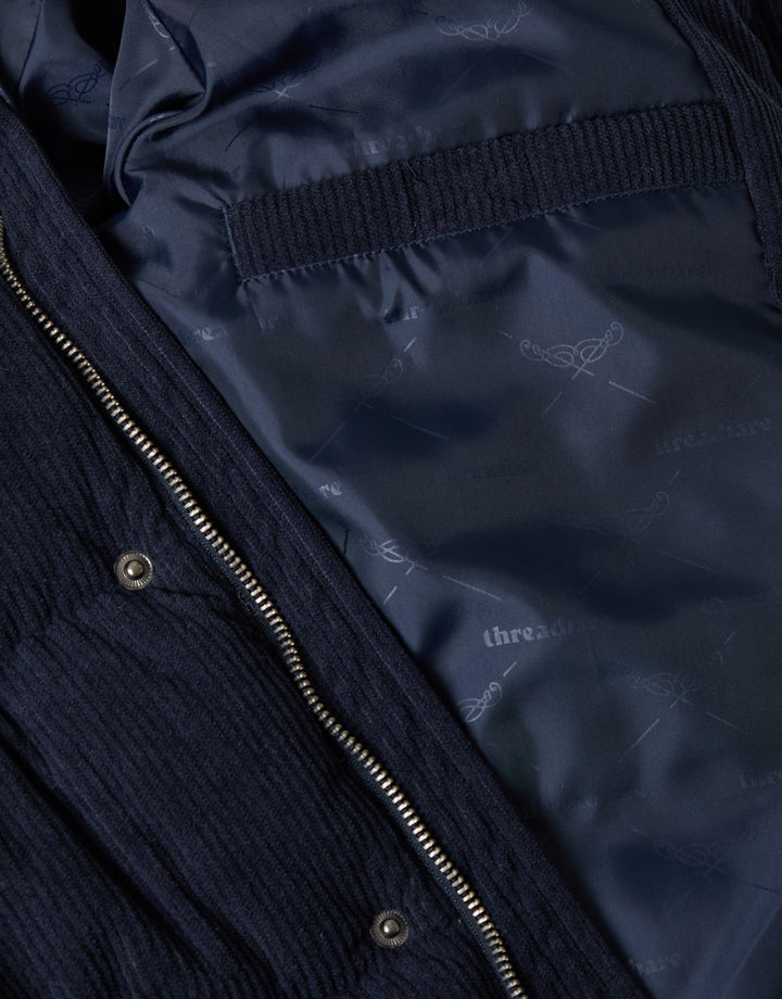 Corduroy Funnel Neck Puffer Coat in Navy