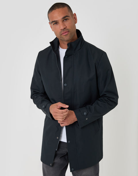 Threadbare Showerproof Funnel Neck Longline Mac in Navy - front view