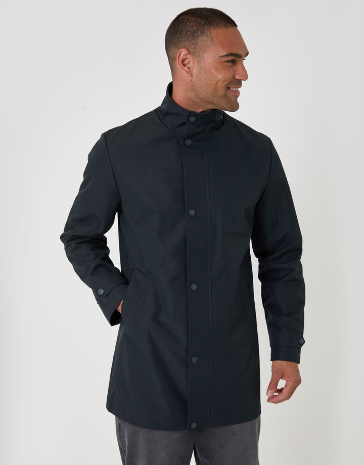 Threadbare Showerproof Funnel Neck Longline Mac in Navy - front view 2