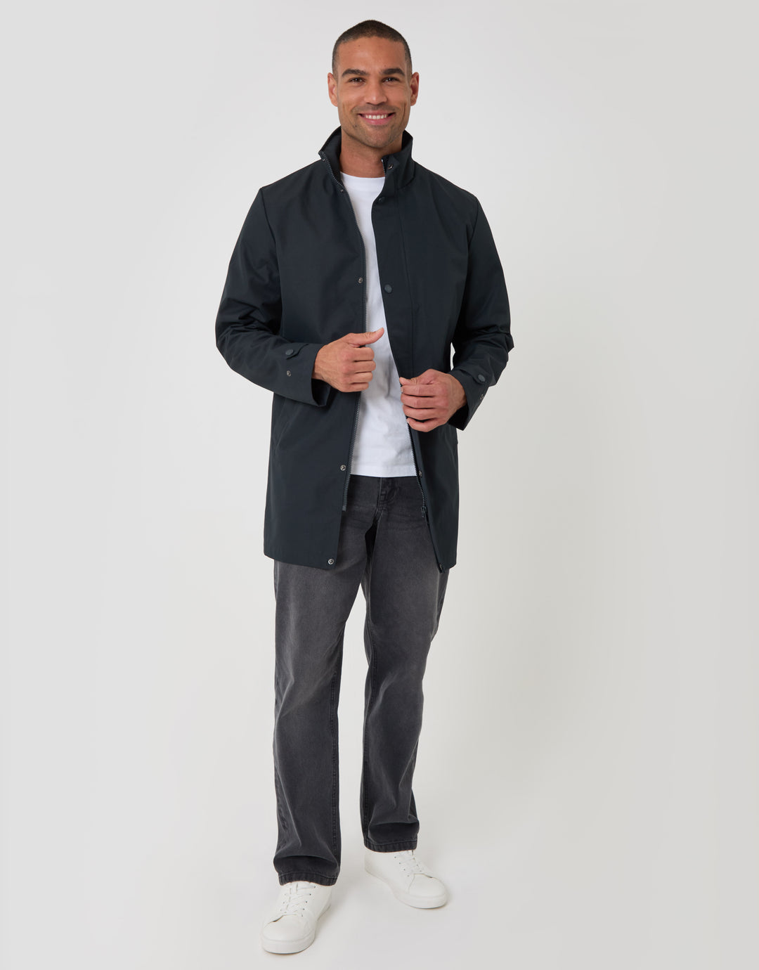 Threadbare Showerproof Funnel Neck Longline Mac in Navy - full body