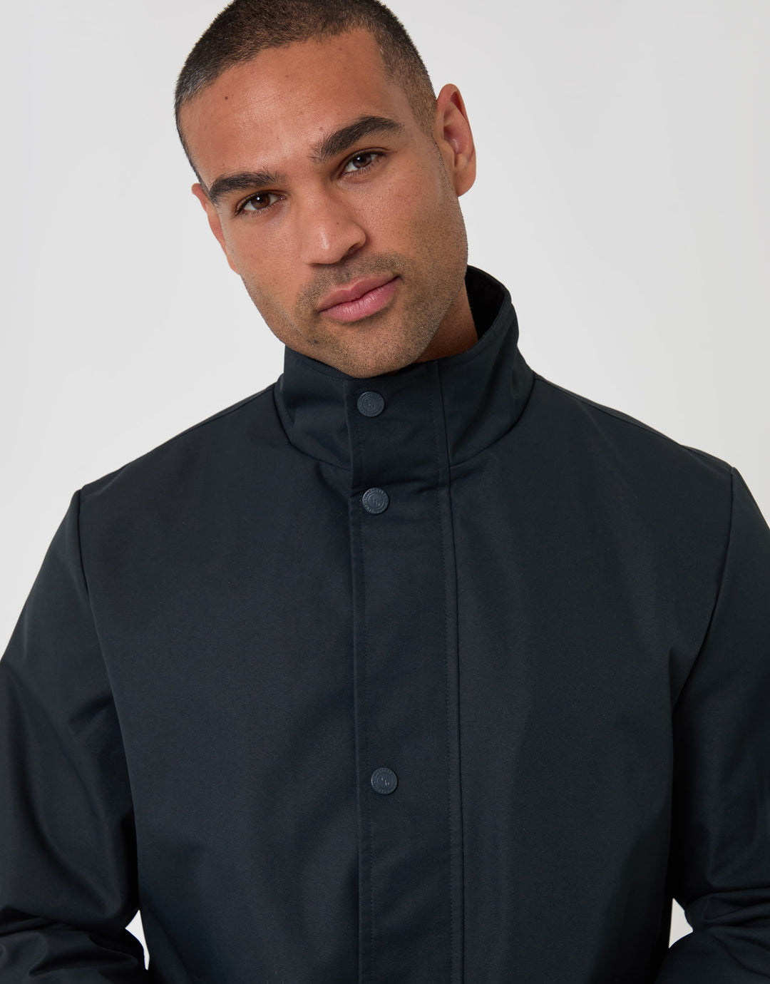 Threadbare Showerproof Funnel Neck Longline Mac in Navy - close up