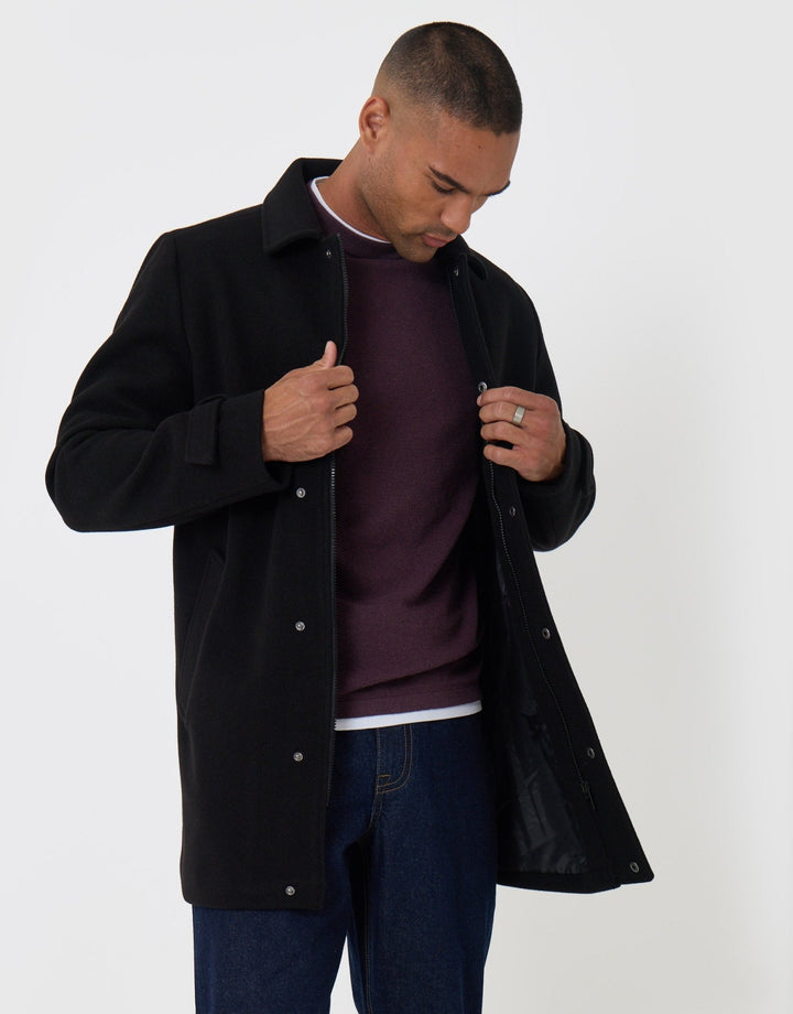 Threadbare Longline Funnel Neck Coat in Black - front view open