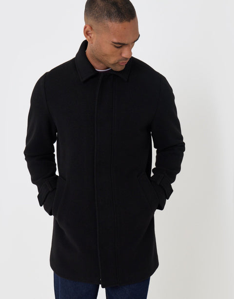 Threadbare Longline Funnel Neck Coat in Black - front closed