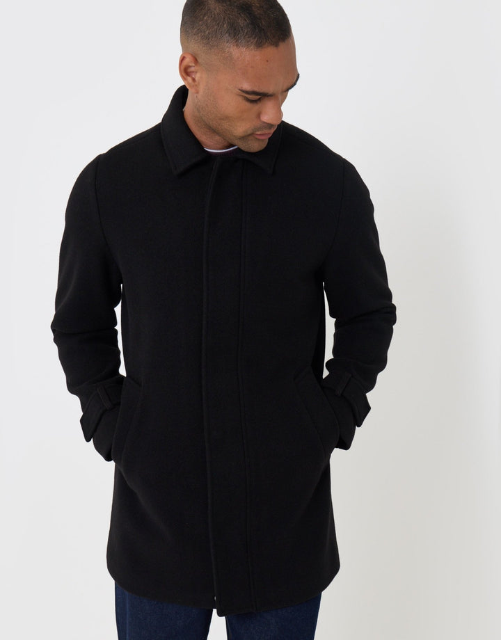Threadbare Longline Funnel Neck Coat in Black - front closed