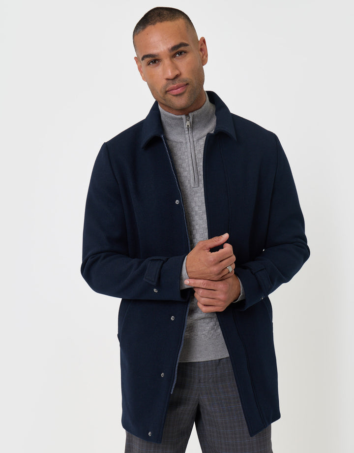 Threadbare Longline Funnel Neck Coat in Navy - front view