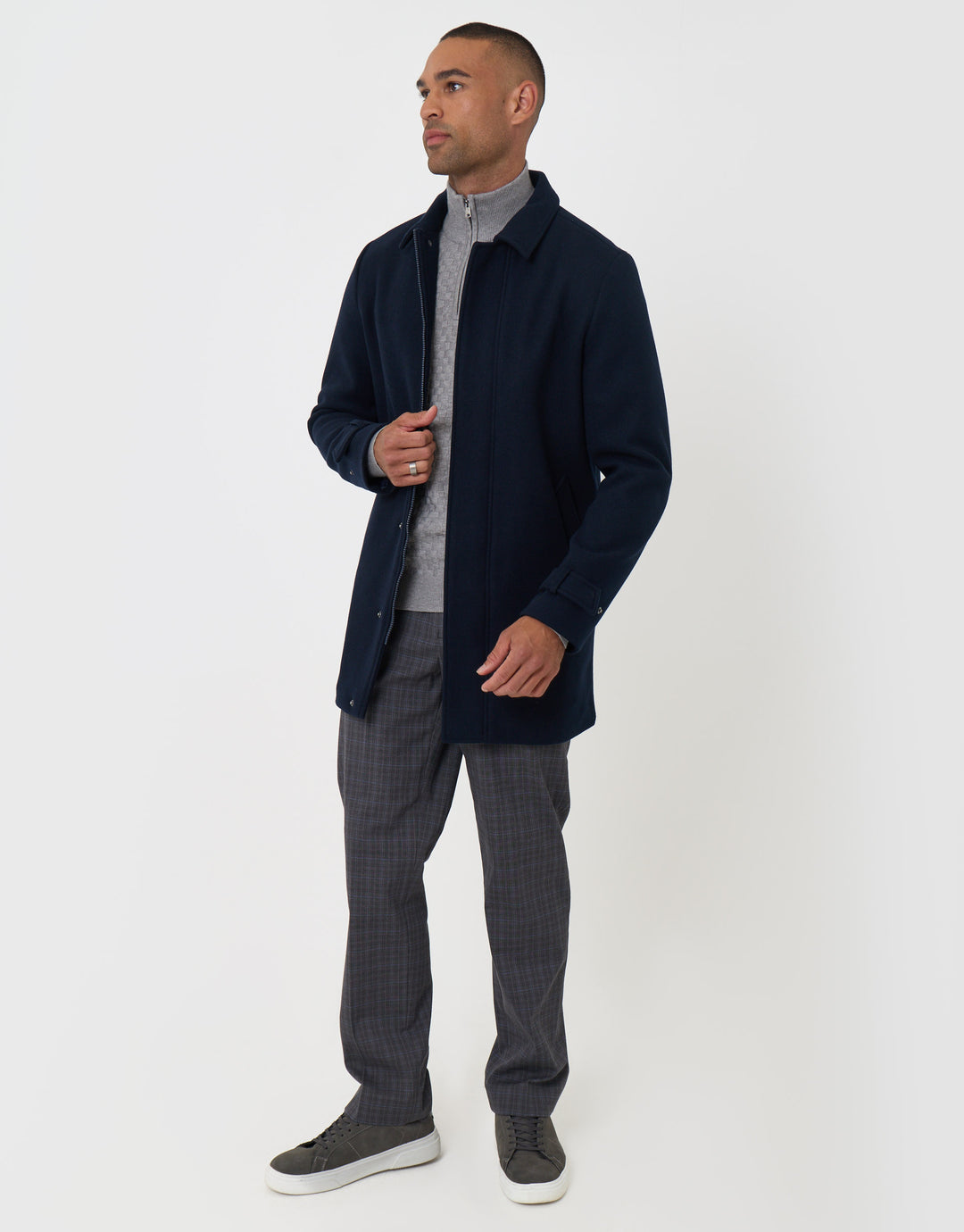 Threadbare Longline Funnel Neck Coat in Navy - full body