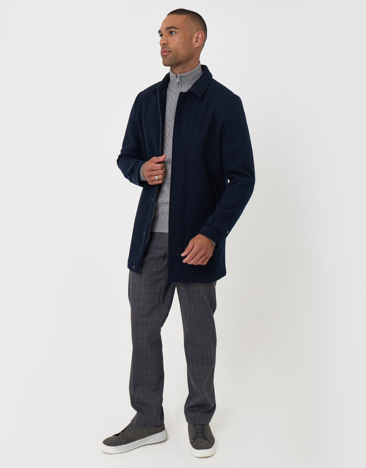 Threadbare Longline Funnel Neck Coat in Navy - full body