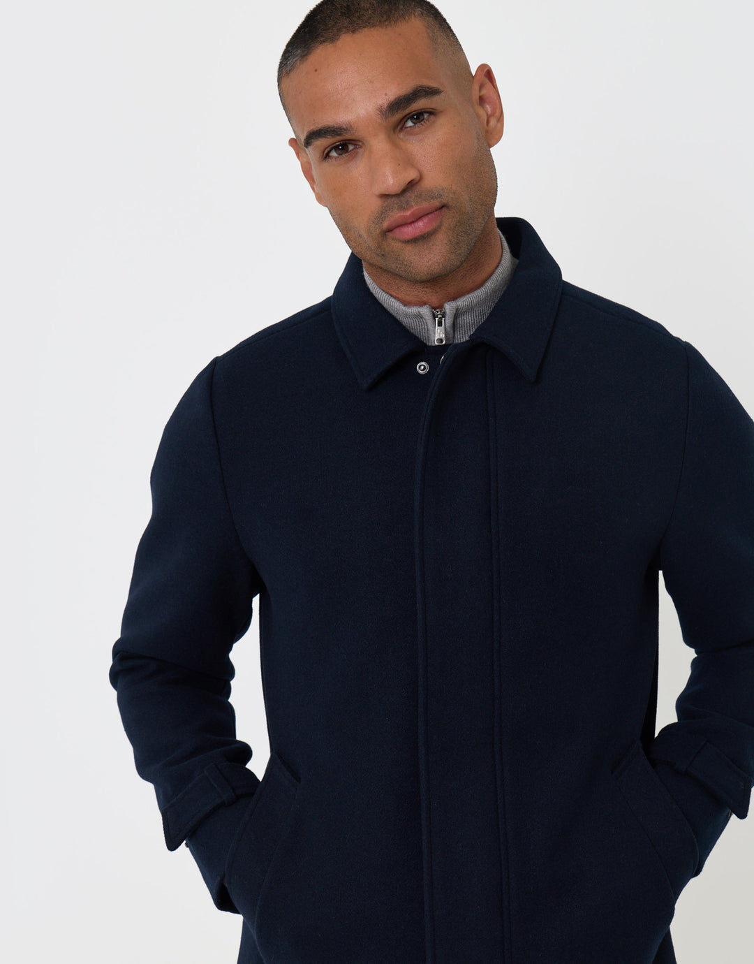 Threadbare Longline Funnel Neck Coat in Navy - detail