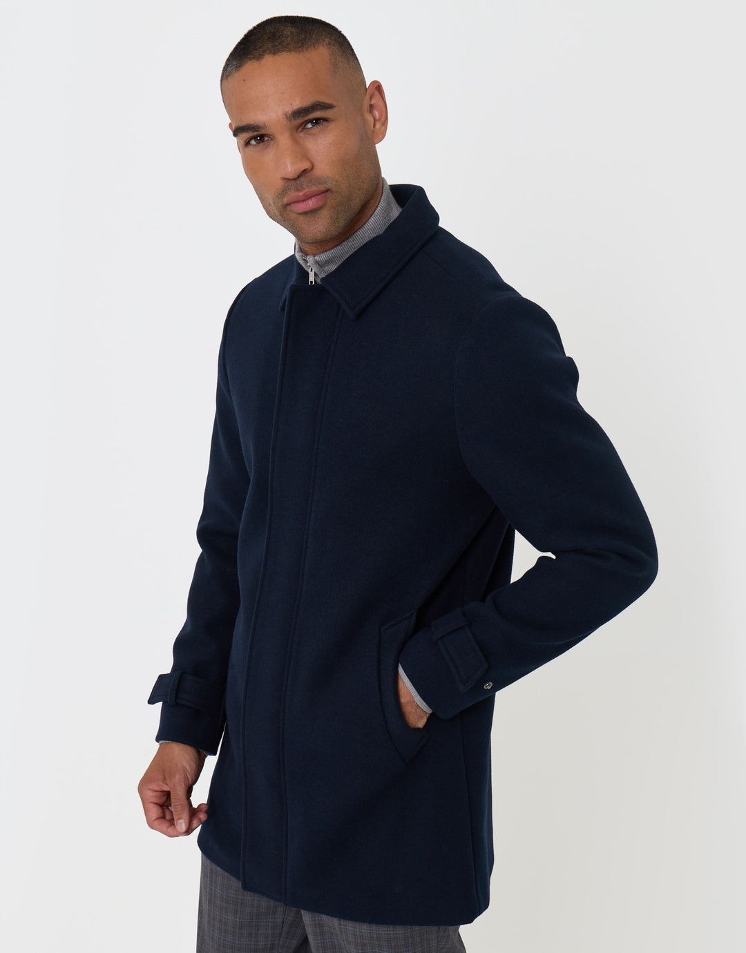Threadbare Longline Funnel Neck Coat in Navy - side view