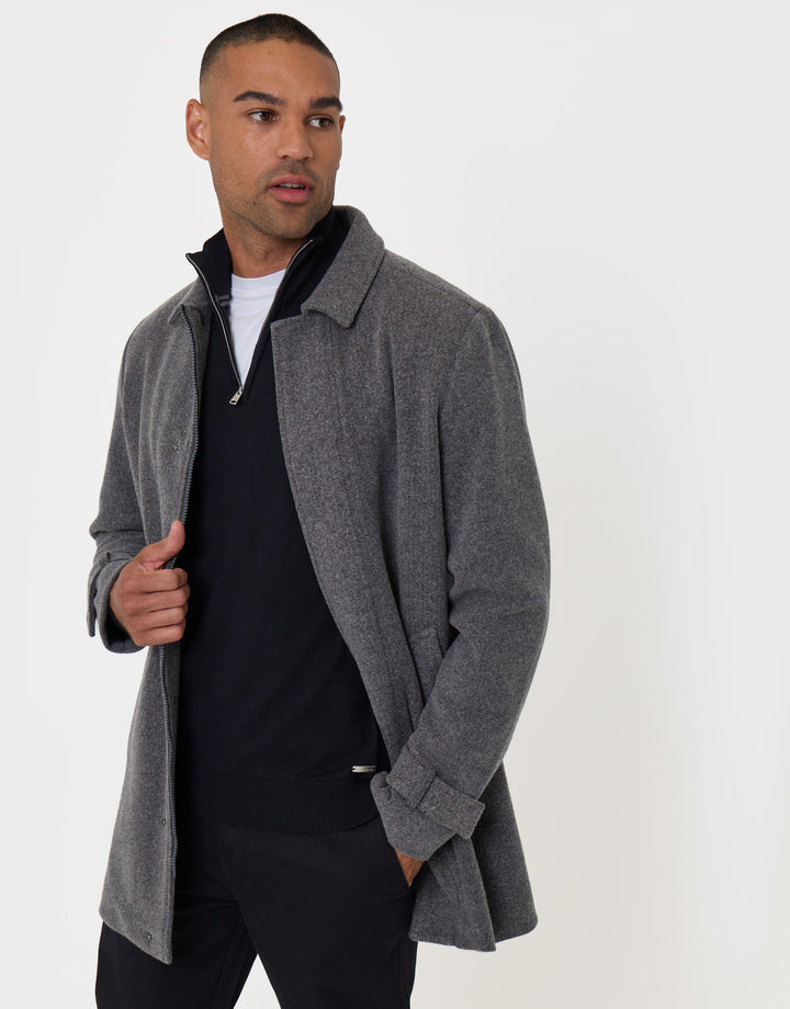 Threadbare Longline Funnel Neck Coat in Charcoal - front view open