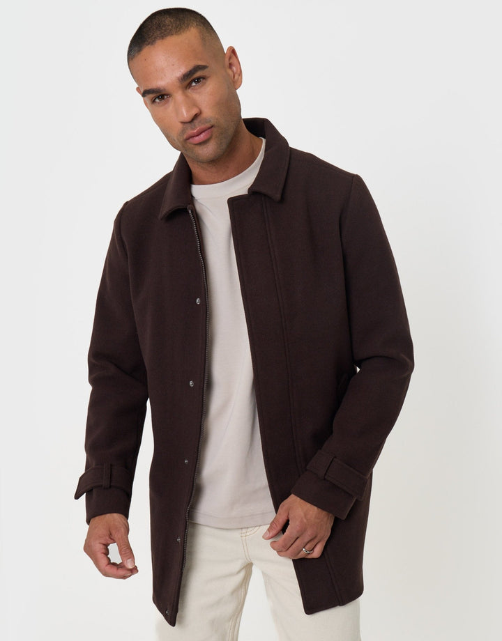 Threadbare Longline Funnel Neck Coat in Chocolate Brown - front view open