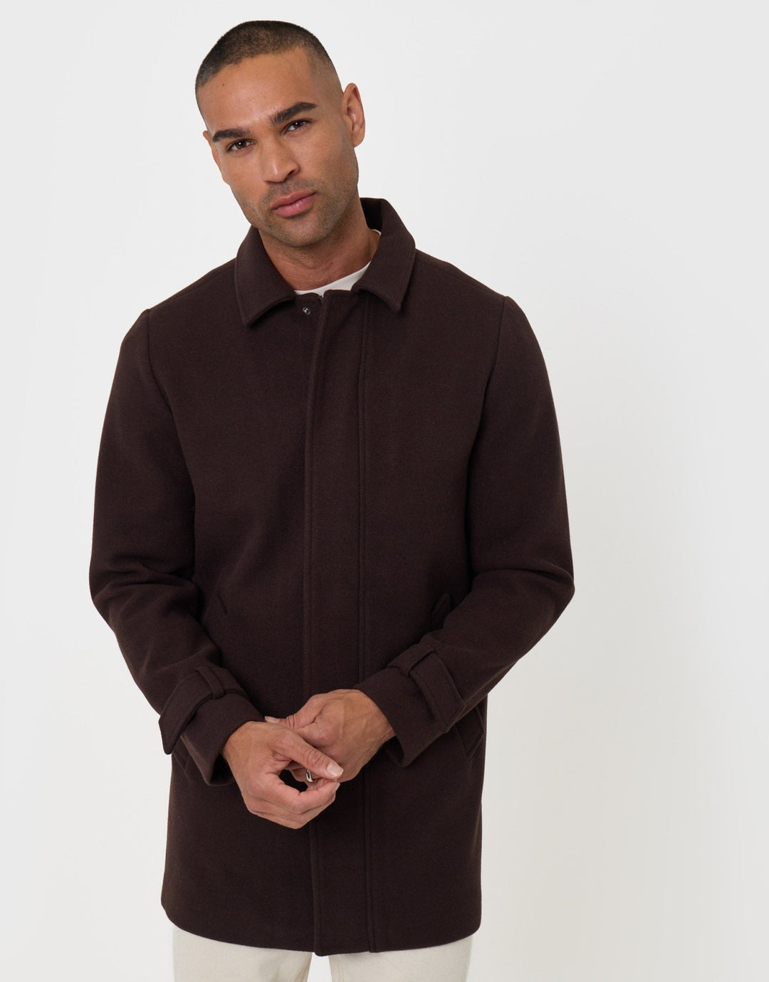Threadbare Longline Funnel Neck Coat in Chocolate Brown - front view 