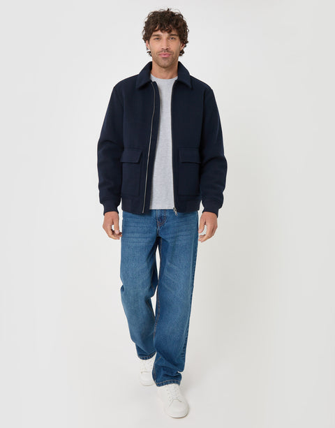 Threadbare Faux Wool Collared Lightweight Jacket in Navy - full body