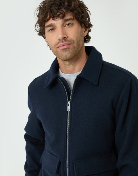 Threadbare Faux Wool Collared Lightweight Jacket in Navy - detail