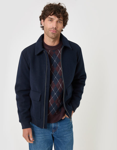 Threadbare Faux Wool Collared Lightweight Jacket in Navy - front view open